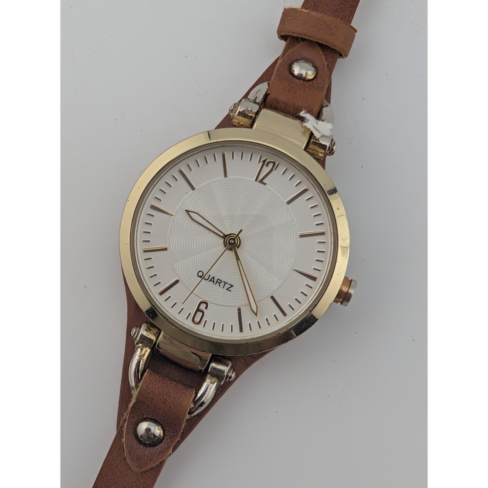 Ladies Quartz Watch 30mm Gold Case Brown Faux Leather Bund Strap- New Battery‎